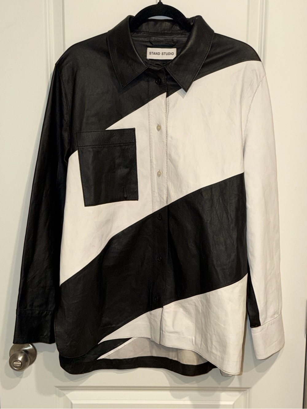 Stand Studio Leather Shirt Shacket Striped Mila Cool Girl Biker Sz 42 US 12